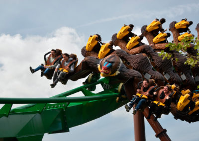 Un roller coaster orné de sculptures représentant des mandrills tenant dans leurs bras les passagers, qui sont suspendus de part et d'autre de la piste